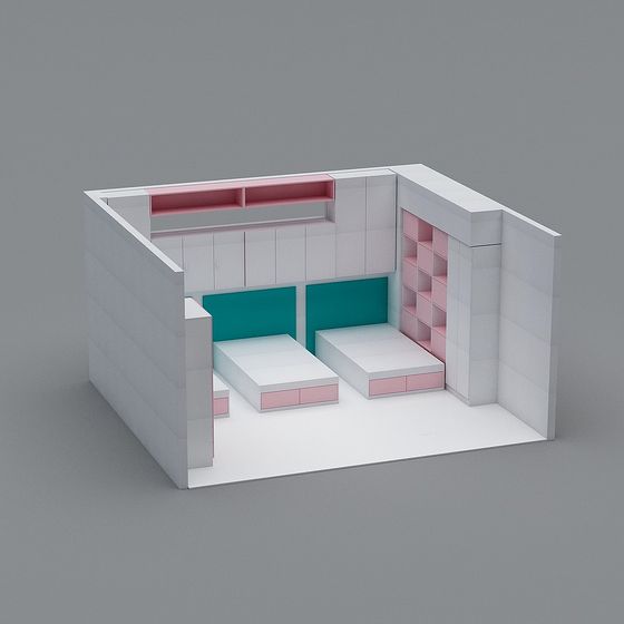 Modern white bedroom with two beds teal headboards pink shelves on grey background