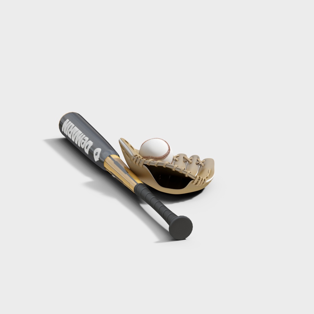 Baseball Glove, Ball & Bat 3D Model