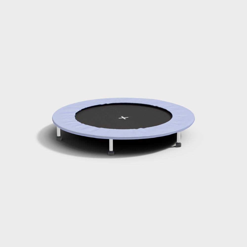 Small round blue trampoline with black mat and silver legs on white background