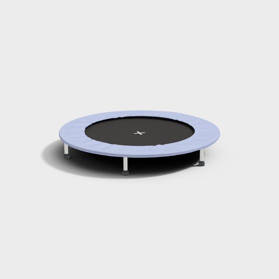 Small round blue trampoline with black mat and silver legs on white background