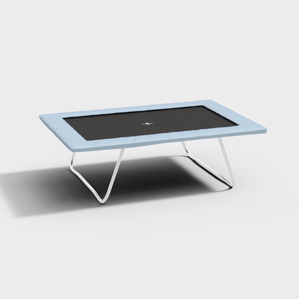 Rectangular mini trampoline with light blue padding and silver legs on white background
