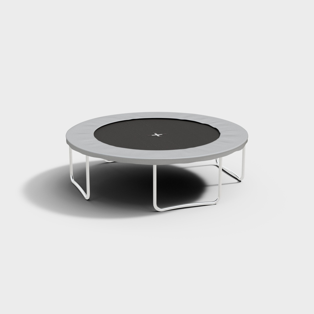 Modern round trampoline with black mat and grey padding on white metal legs on light grey background