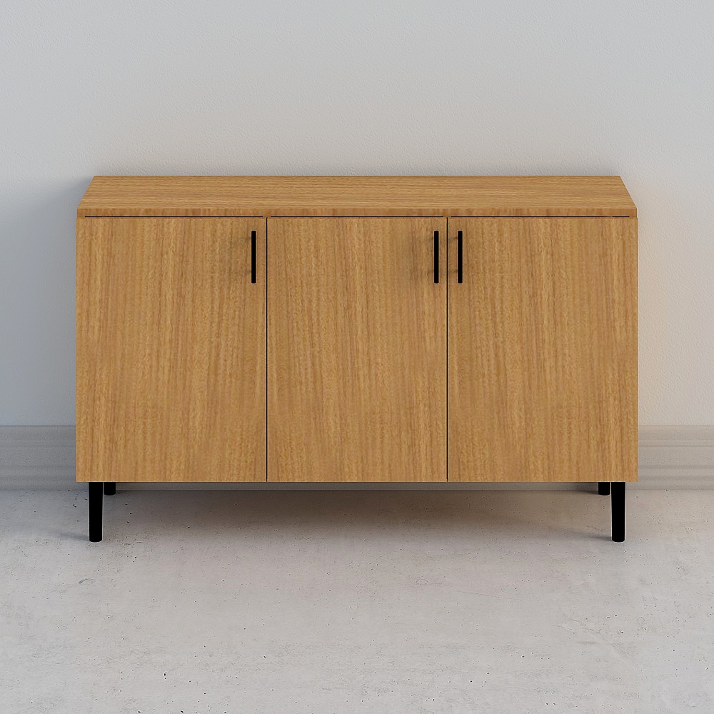 Modern light wood cabinet with three doors and black legs on white background
