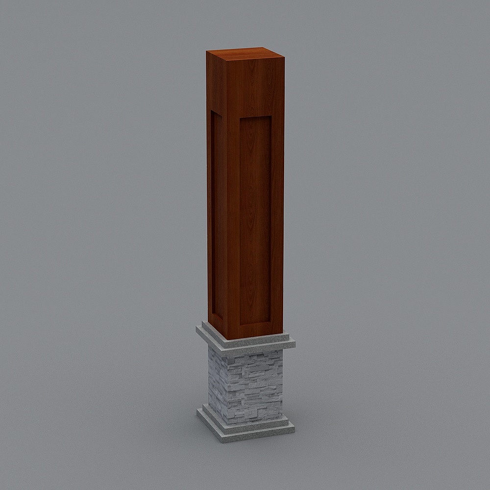 Tall dark brown wooden pillar with grey stone base on grey background