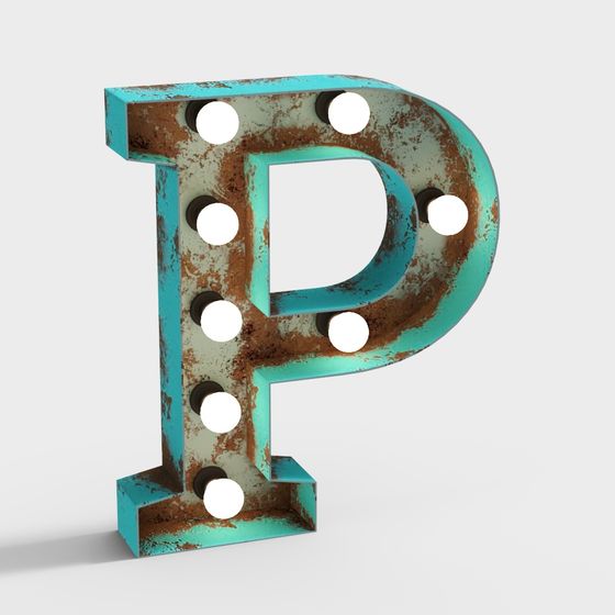 Industrial Style Text P 3D Model in Green and Wood Color