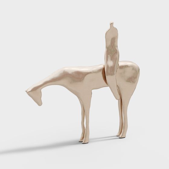 Modern abstract gold metal horse sculpture with smooth surface and long neck on white background
