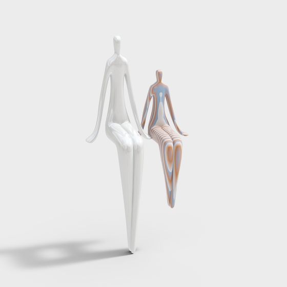 Two abstract human figure sculptures one white and one striped on light grey background