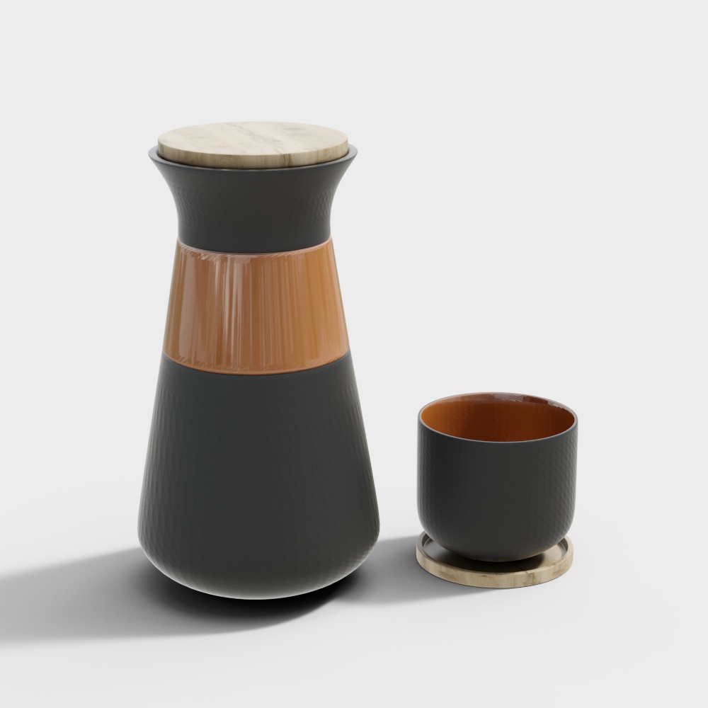 Minimalist Kettle Set 3D Model – Natural Wood & Gray Design