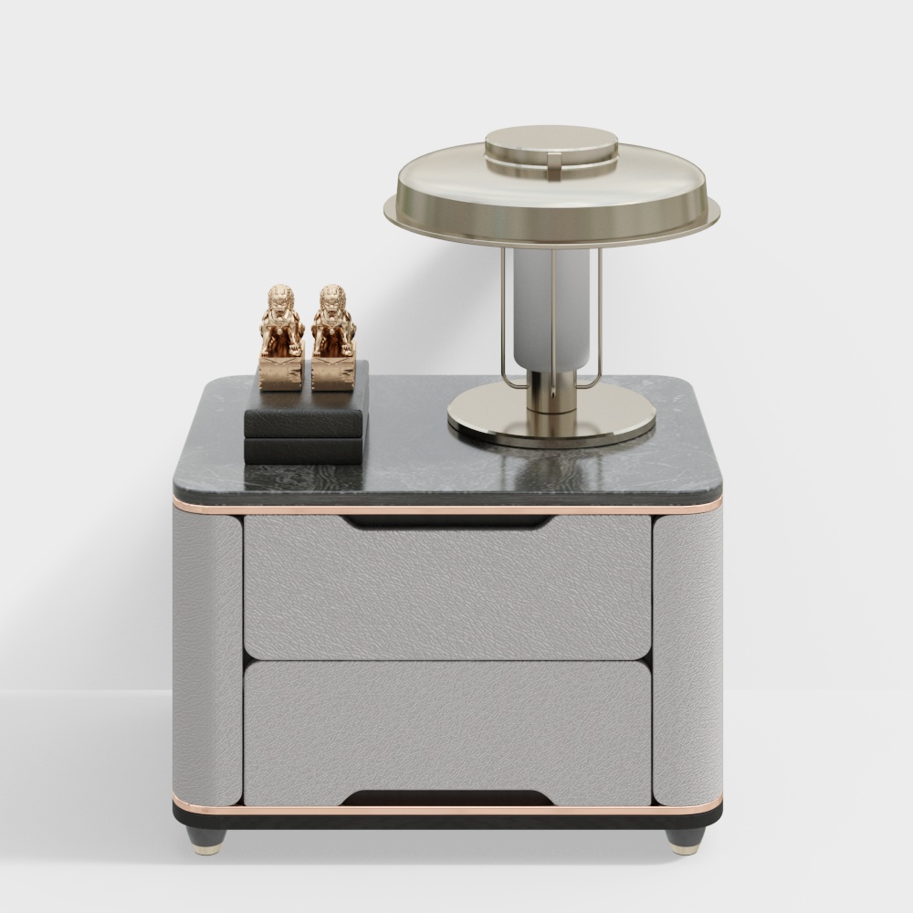Grey leather bedside cabinet with marble top and gold lamp on white background