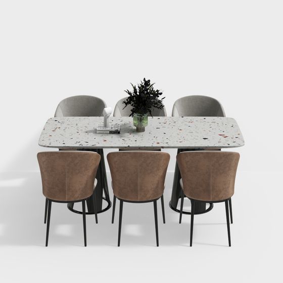 Contemporary Vintage 3D Model Dining Table and Chair Set
