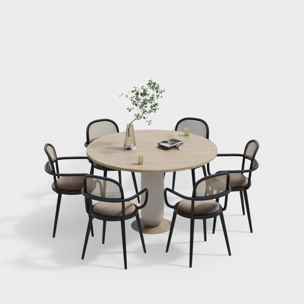 Round Table with Six Chairs 3D Model – Low-Poly Dining Set