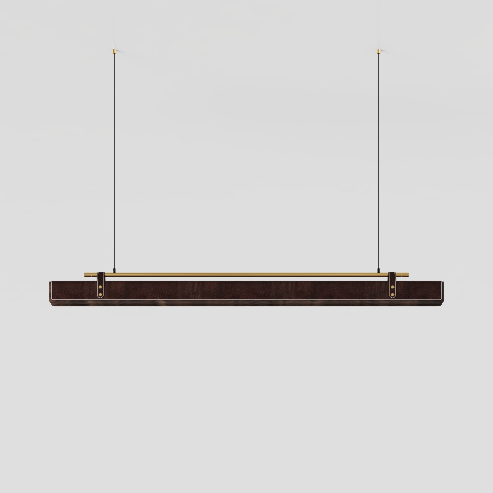 Modern dark wood ceiling light with gold bar and leather straps on grey background