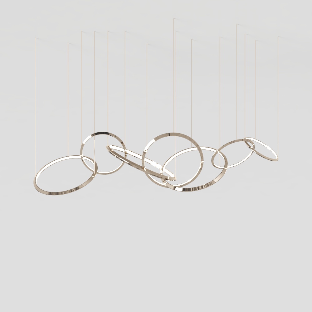 Modern gold metal ceiling light with linked rings and thin wires on grey background