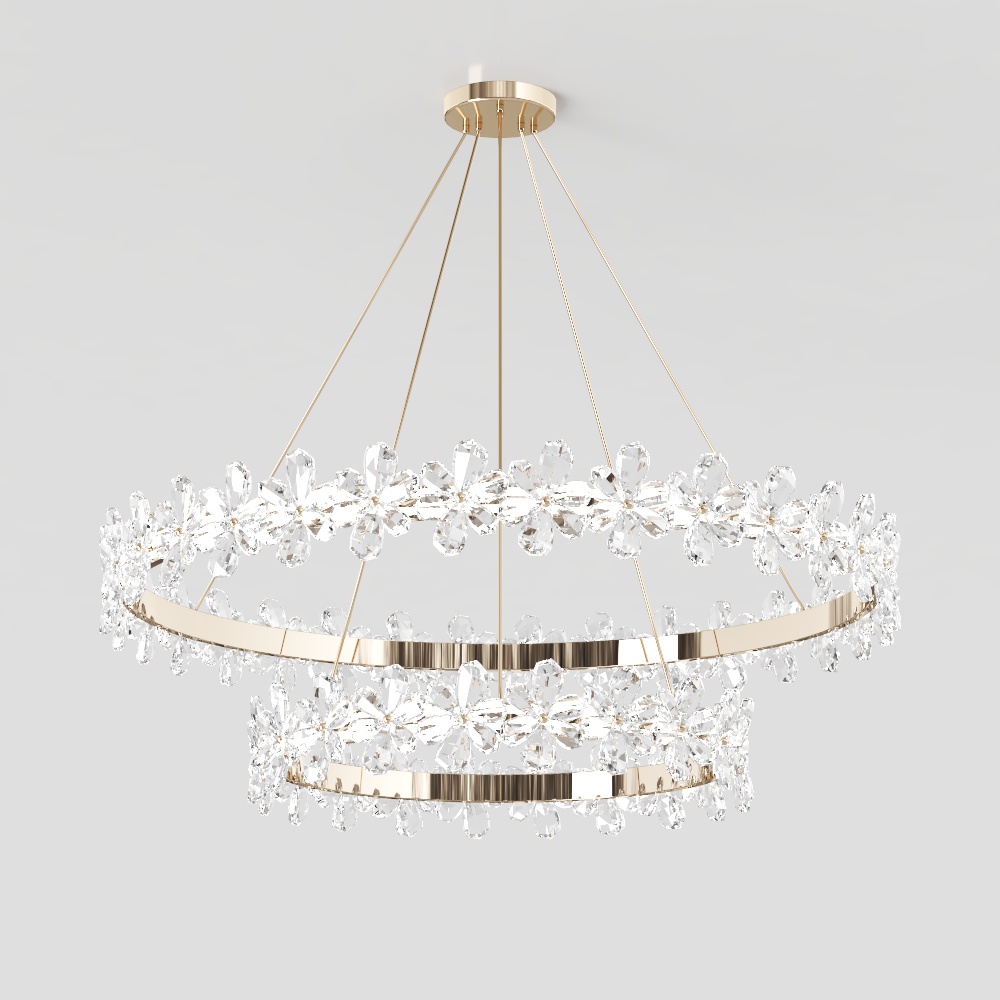 Modern gold ceiling light with crystal flower rings on grey background