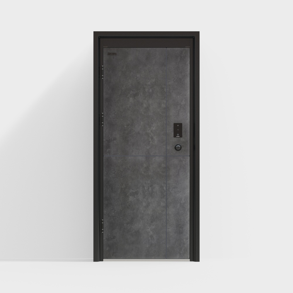 Modern dark grey textured door with black frame and handle on white background