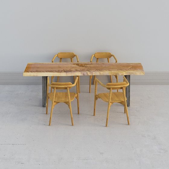 Natural Wood Table and Chair Set 3D model
