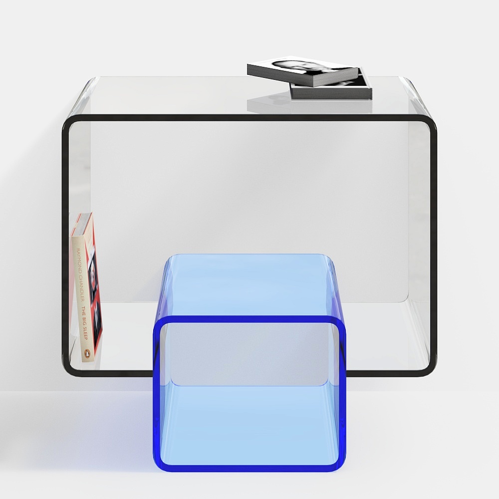 Glass Side Table & Blue Cube Stool 3D Model – Minimalist Furniture