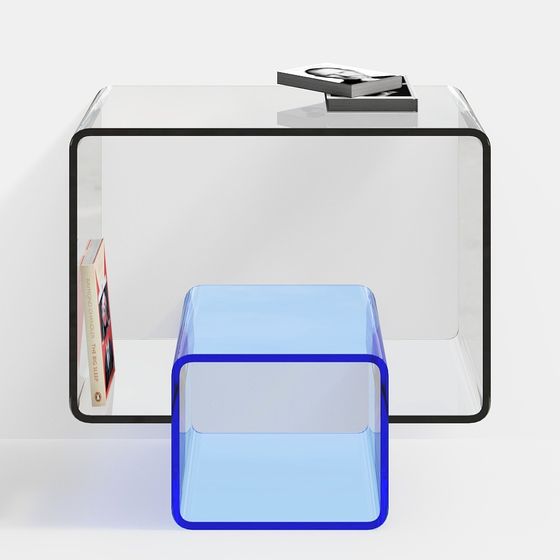 Transparent Glass Side Table and Blue Cube Stool 3D model