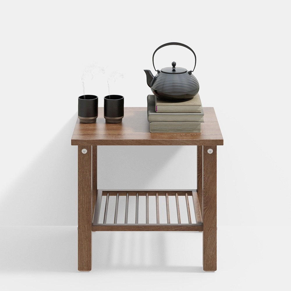 Modern dark brown wooden side table with slatted shelf and tea set on white background