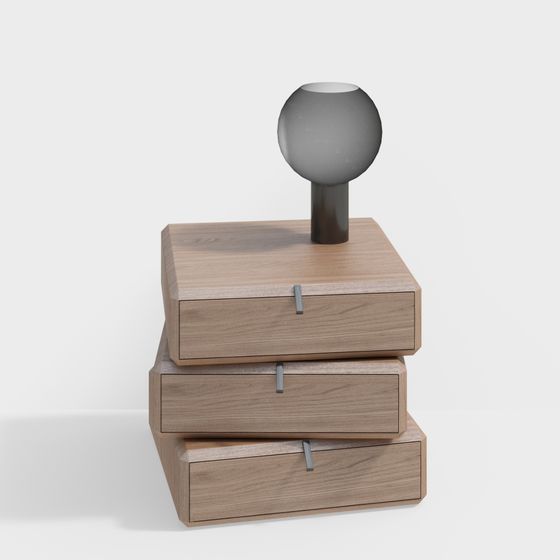 Modern light wood bedside table with three drawers and round grey lamp on white background