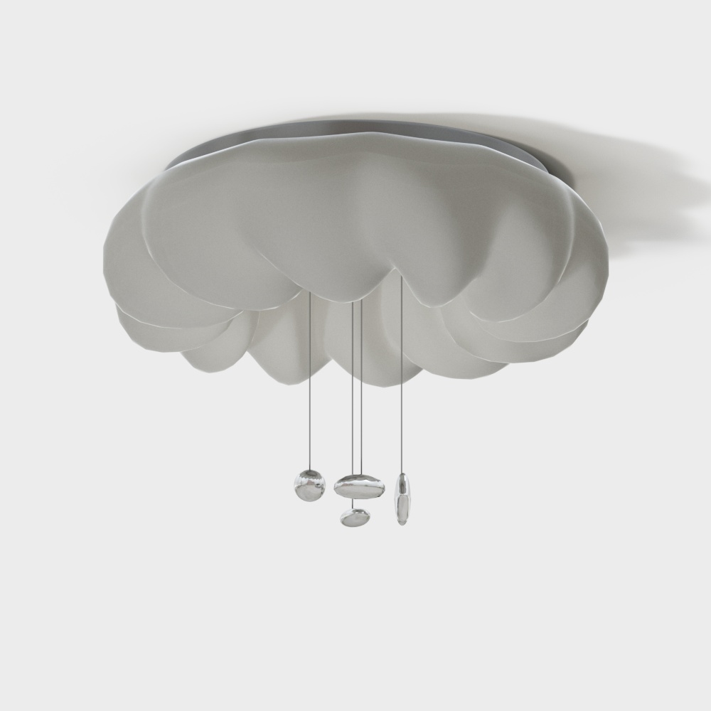 White cloud shaped ceiling light with silver hanging drops on white background