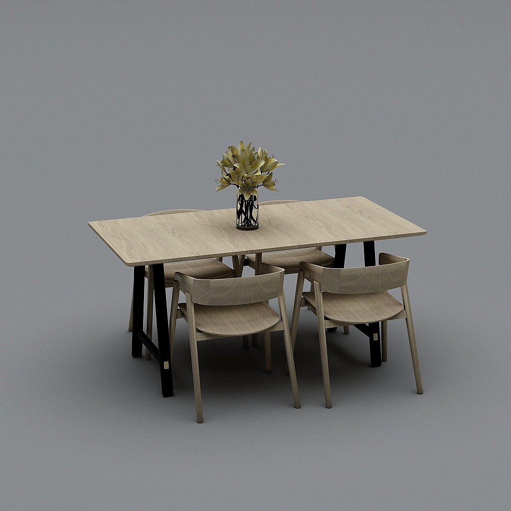 Modern light wood dining table set with black legs and vase on grey background