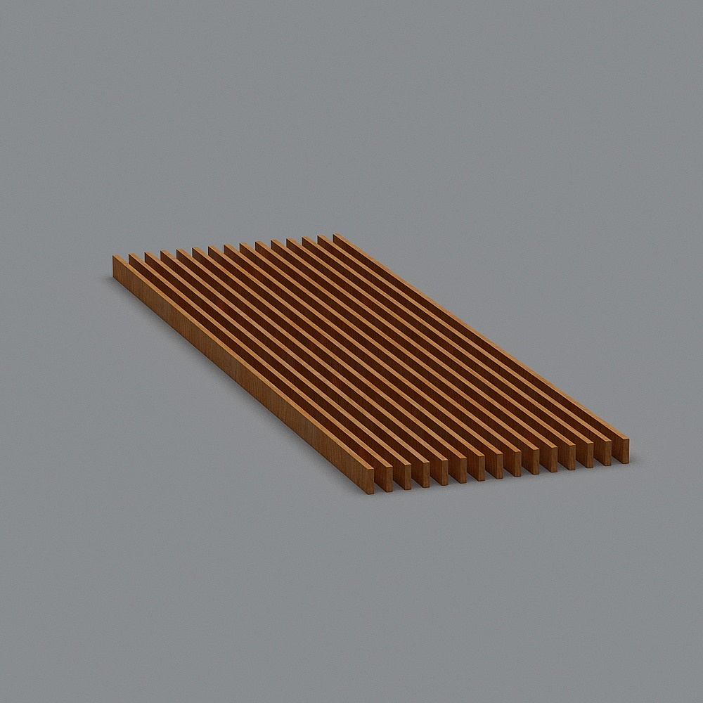 Brown wooden slat panel with vertical lines for modern wall design on grey background
