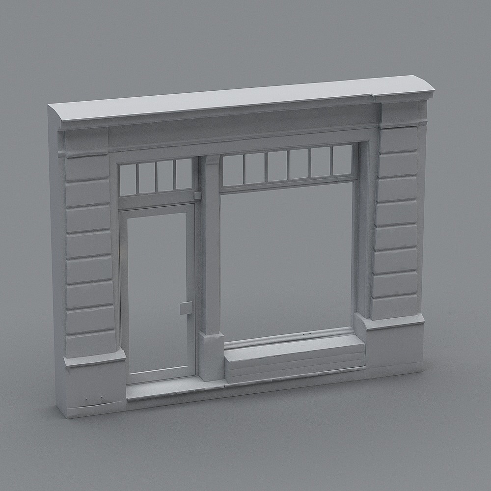 White storefront facade model with door and large window on grey background