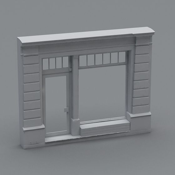 White storefront facade model with door and large window on grey background