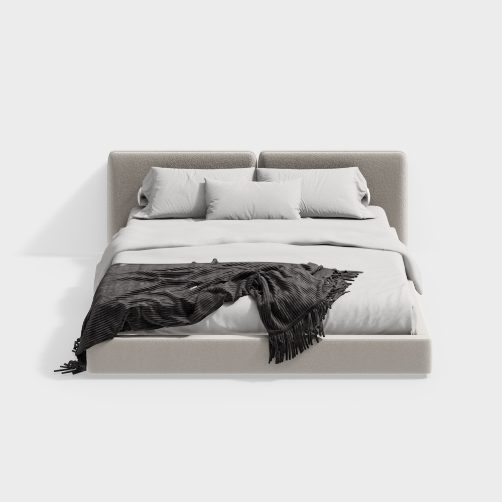 Modern beige upholstered king bed with white bedding and dark grey throw blanket on white background