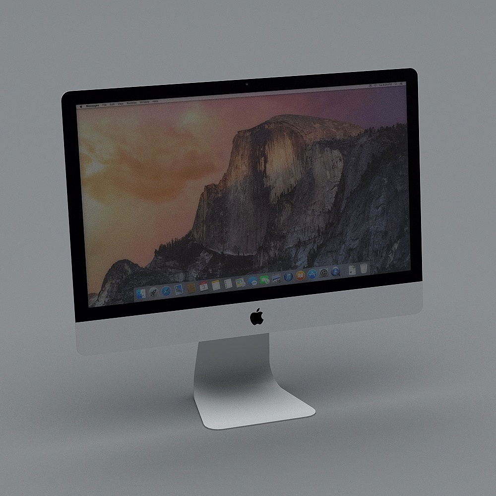 Silver all in one desktop computer with black screen bezel and mountain wallpaper on grey background