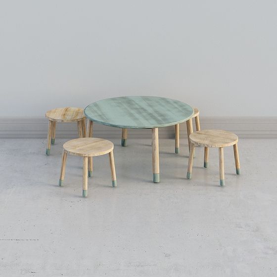 Wooden Round Table and Stool Set 3D model