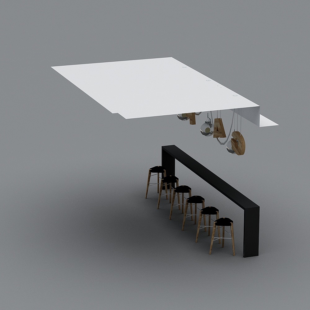 Modern black bar counter with wooden stools and hanging lights on grey background