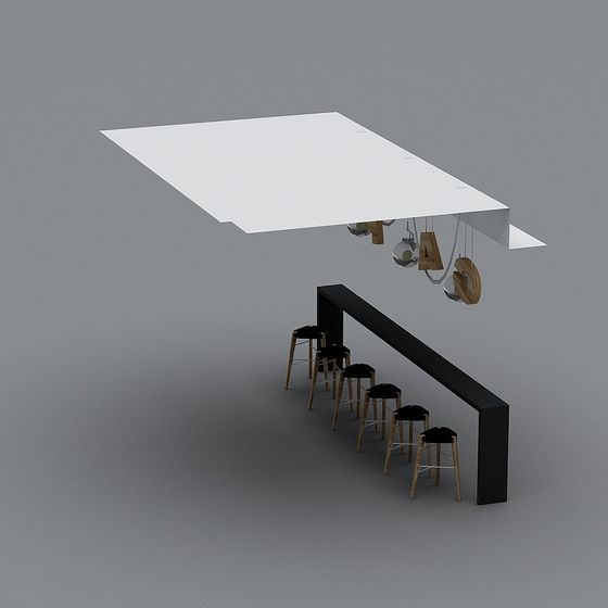 Modern black bar counter with wooden stools and hanging lights on grey background