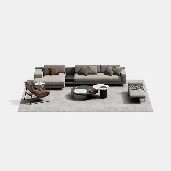 Gray Italian Minimalist Fabric Sectional Sofa 3D Model