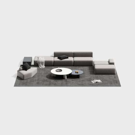 Modern Minimalist Fabric Sectional Sofa 3D Model in Gray