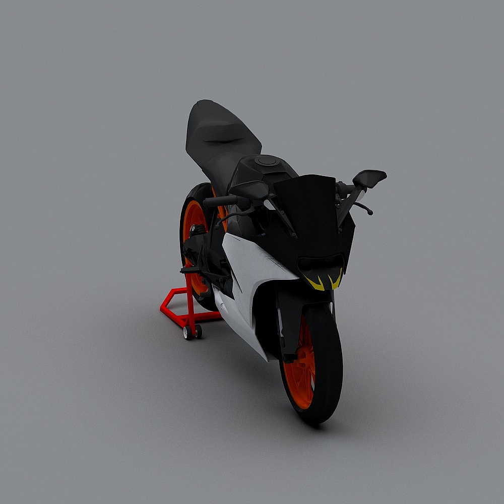Black and white sport motorcycle with orange wheels on red stand on grey background