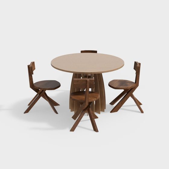 Wooden Round Table and Chair Set 3D model