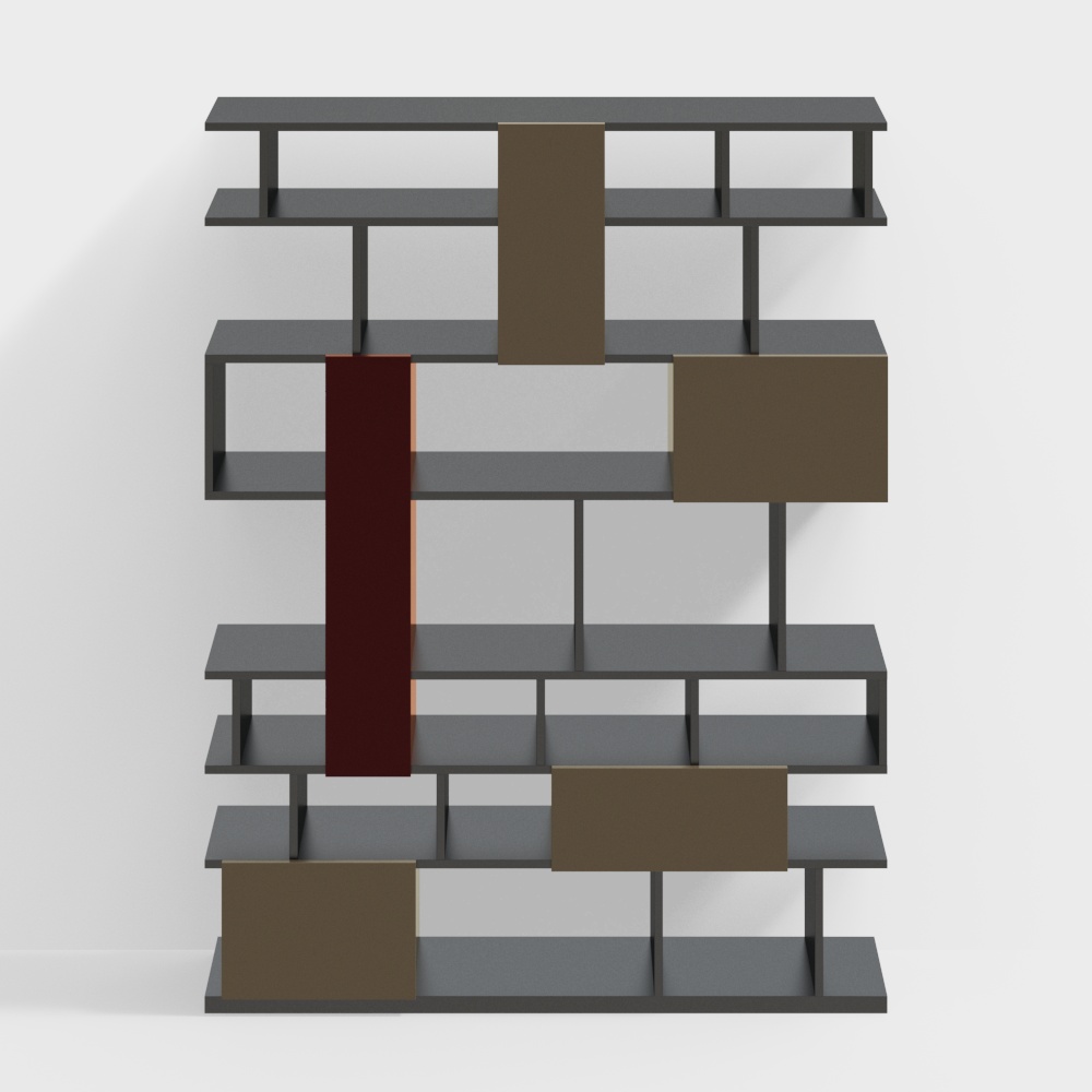 Modern grey metal bookshelf with brown and red boxes on white background