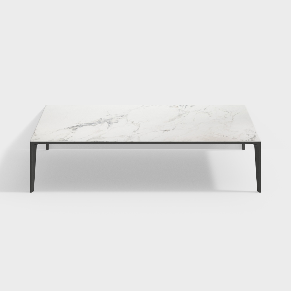 Modern rectangular coffee table with white marble top and black metal legs on grey background