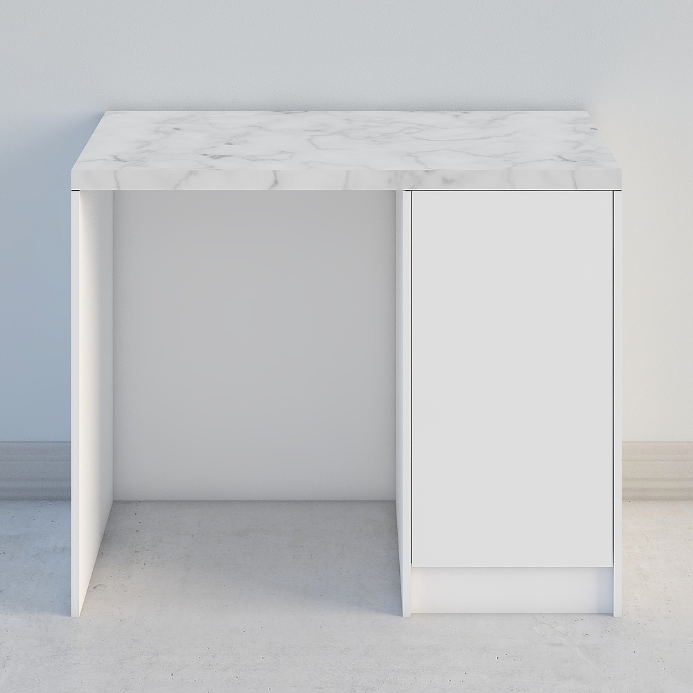 Modern white desk with marble top and storage cabinet on light grey background