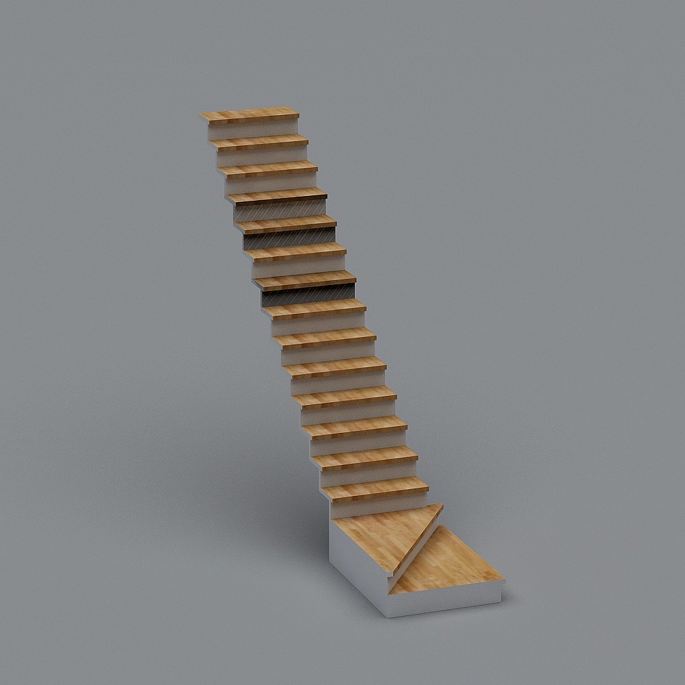 Modern straight wooden staircase with light oak steps and white sides on grey background