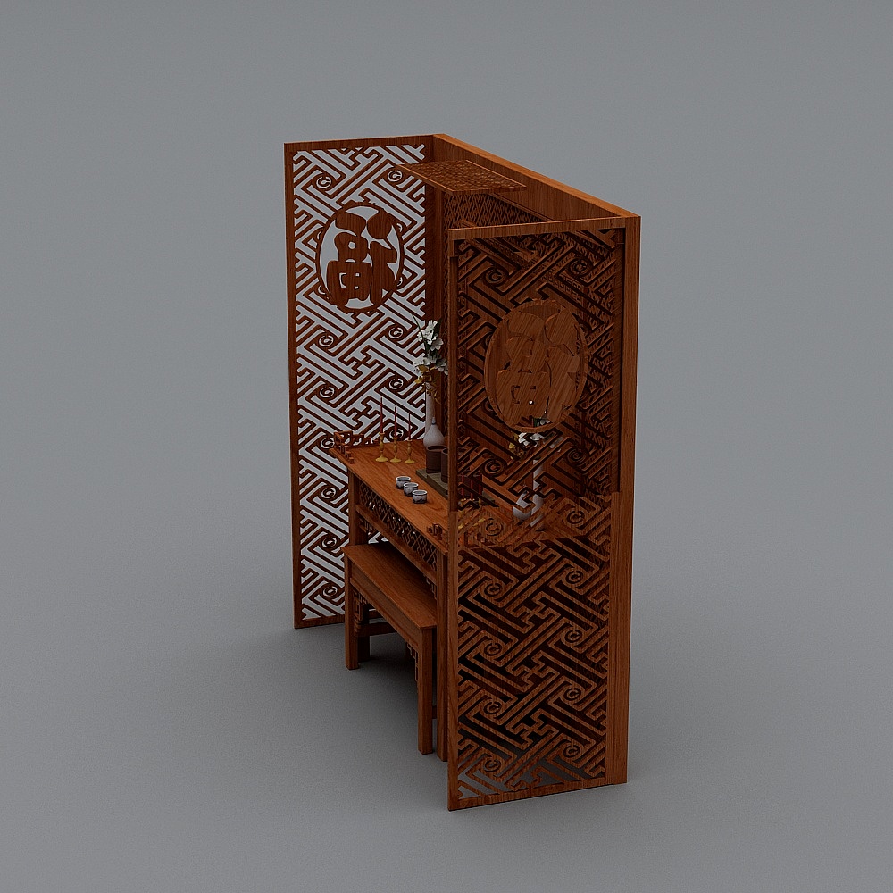 Traditional Chinese wooden altar table with carved screen and stool on grey background