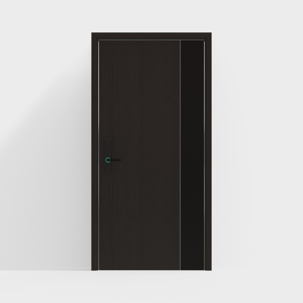 Modern dark brown wooden interior door with black handle and vertical stripe on white background
