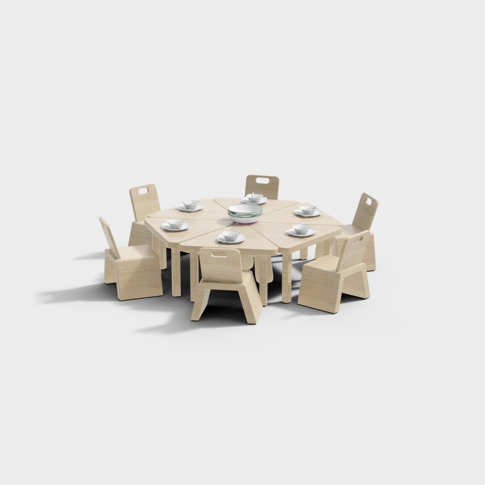 Modern light wood modular table set with six chairs and white dishes on grey background