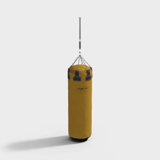 Yellow hanging punching bag with black straps and metal chains on white background