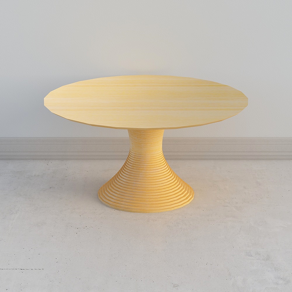 Modern round wooden dining table with ribbed pedestal base on white background