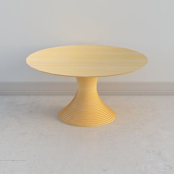 Modern round wooden dining table with ribbed pedestal base on white background