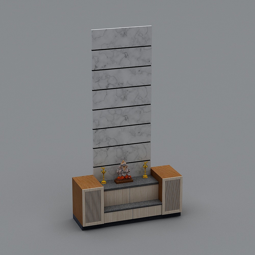 Modern home altar with marble wall panel and wooden cabinet on grey background