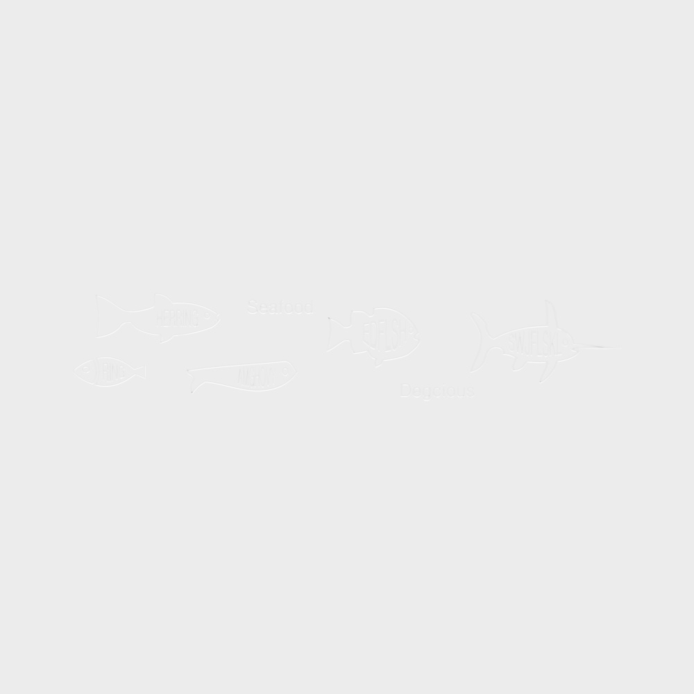 White fish outline icons with seafood text on light grey background